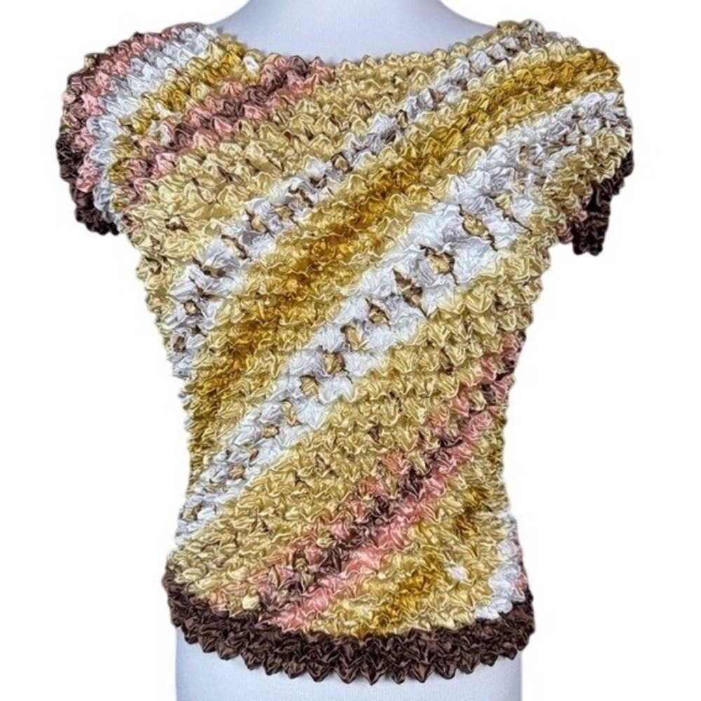 Vintage Style Popcorn Top Short Sleeve Crinkle Magic Shirt Gold Brown Striped OS